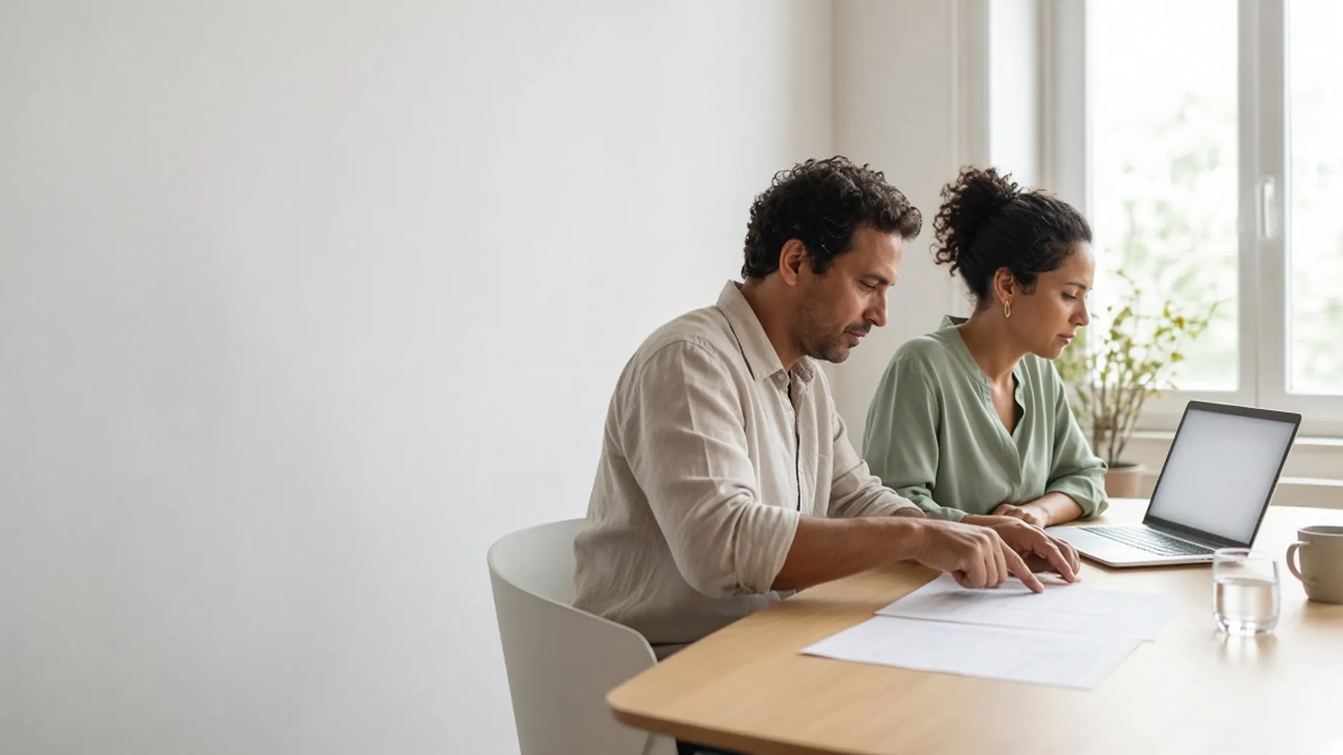 Duas pessoas analisando um relatório impresso em uma mesa de reunião