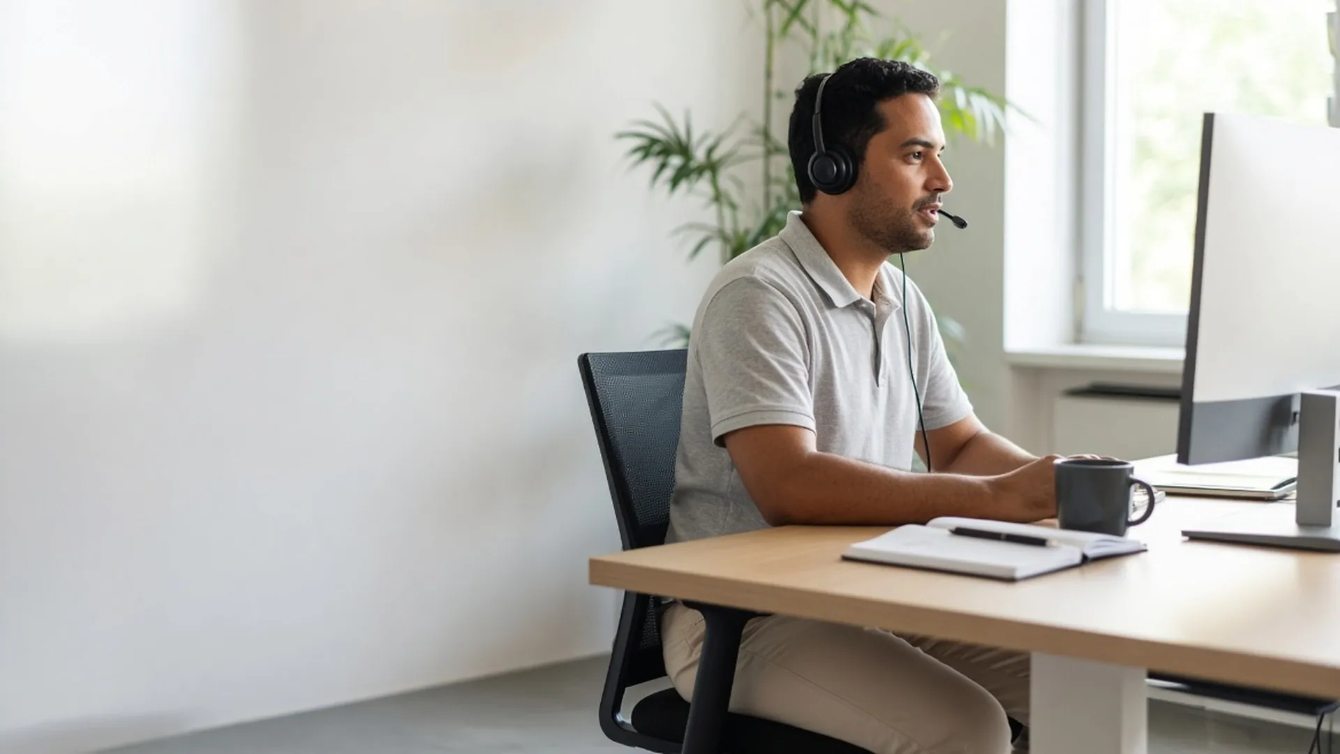 Analista de suporte atendendo um chamado com headset