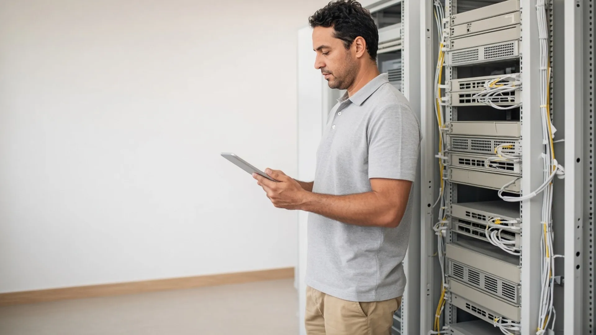 Técnico conferindo um rack de servidores com os cabos organizados